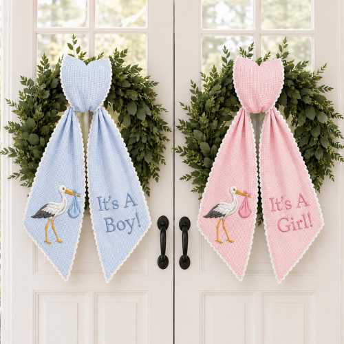 Embroidered Baby Announcement Stork Wreath Sash,Embroidered Stork Door Bow, It’s a Boy It’s a Girl, Baby Shower Decor, Stork Embroidery Sash