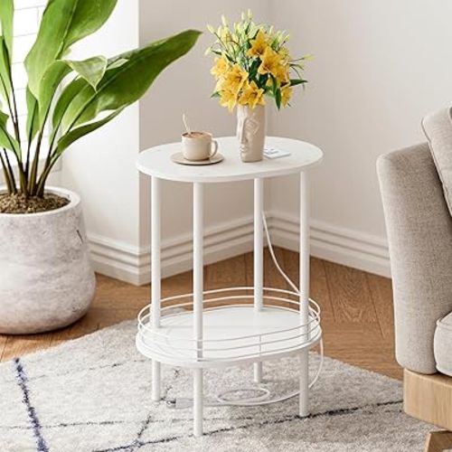Small Round Side Table with Charging Station,Bedside Table with 2 USB Ports and Outlets, Morden Round Nightstand, Samll Side Table for Living Room,Bedroom, Nursery, Laundry, White