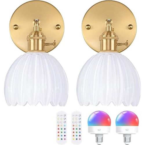 Shenmoyl Vintage Battery Operated Wall Sconce with White Tulip Glass Lampshade Rechargeable Battery Powered Wall Light with Remote Control for Bedside Bedroom Doorway, Set of 2
