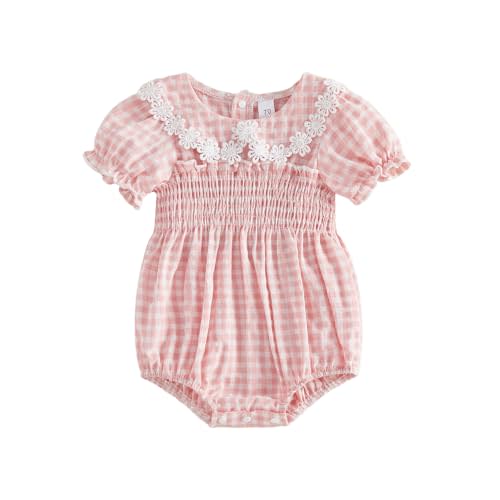 Douhoow Baby Girl Plaid Romper Short Sleeve Doll Collar Baby Dress Romper Infant Girl Summer Festival Clothes
