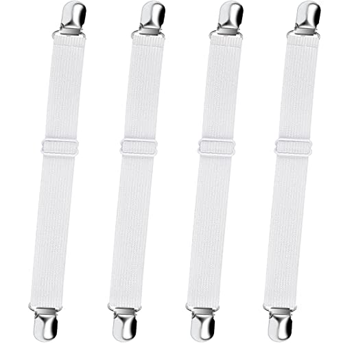 Bed Sheet Straps, Sopito Adjustable Elastic Fitted Sheet Corner Holders Straps to Stay in Place, Non-Slip Fasteners Clips Compatible for Crib to King Size Bed, White 4Pcs