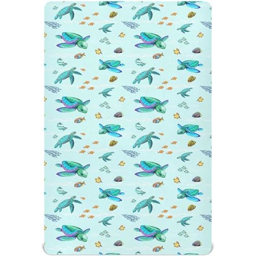 Sea Turtle Crib Sheets for Boys Girl Green Turquoise Ocean Beach Theme Fitted Mattress Cover Funny Little Fish Toddler Baby Bed Sheets Standard Unisex Crib Sheet 28x52 Inch