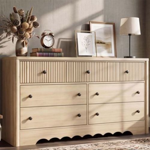 Fluted 7 Dresser for Bedroom, Modern 54in Wide 7 Chest of Drawers with Elegant Wave Edge, Wooden Closet Orgainzer for Living Room Nursery, Natural