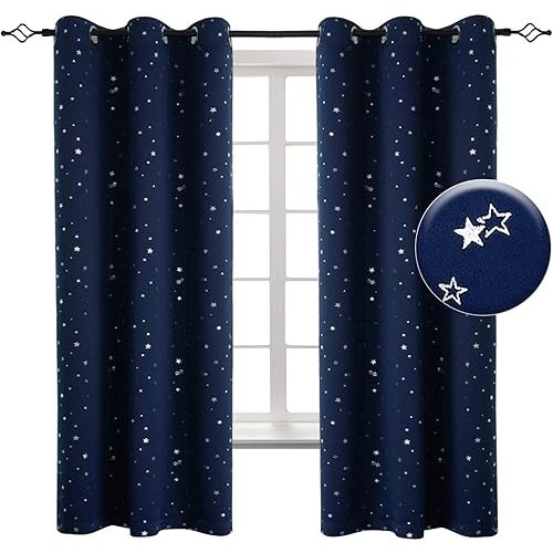 BGment Kids Blackout Curtains for Bedroom - Grommet Thermal Insulated Silver Star Print Room Darkening Curtains for Living Room, Set of 2 Panels (38 x 45 Inch, Navy Blue)