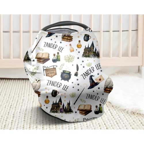 Magic wizard baby car seat cover, newborn carrier cover with name, personalized boys wizard school theme gift