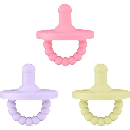 Ryan & Rose Cutie PAT All-in-One Pacifier and Teether Massaging Teething Ring and Hideaway Binky for Growing Babies (Bliss (3 Pack), Stage 1)