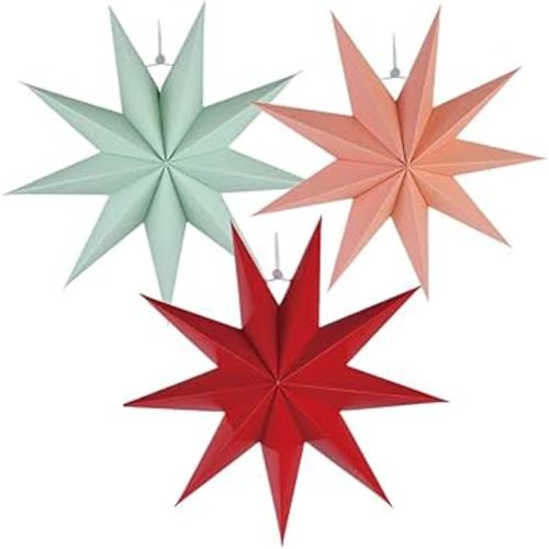 3 Pieces 3D 12" Large Paper Star Hanging Decorations - Red, Green, Pink for Weddings, Christmas, Girls Bedroom, Birthday Party, Home Decor