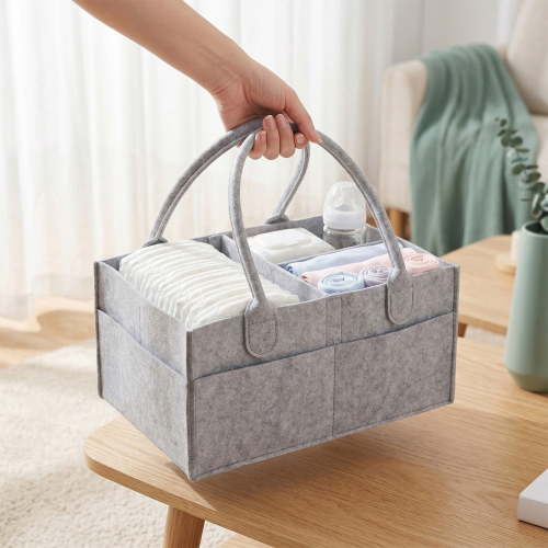 Baby Diaper Caddy Organizer, Gray, 13x9.1x7.1 in, Nursery Storage Bin and Car Organizer for Diapers and Baby Wipes