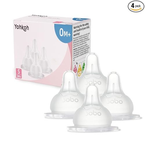 YOHKOH Baby Bottle Nipples for Wide Neck Bottles, 100% Natural Feel Silicone Nipples, BPA-Free (0m+, S, 4 Counts)