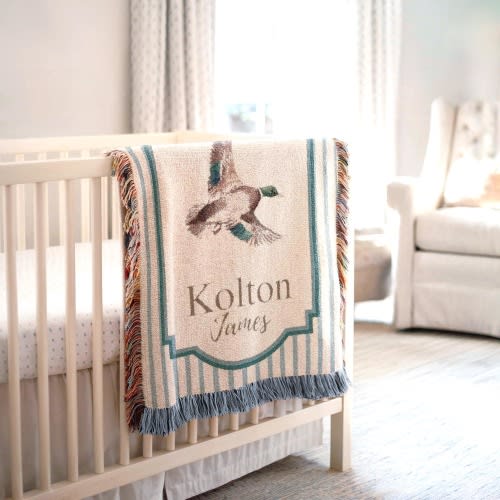 Personalized Mallard Duck Woven Throw Blanket With Name, Hunting Baby Receiving Blanket, Mallard Duck Nursery Decor, Newborn Boy Shower Gift