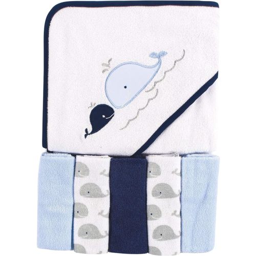 Luvable Friends Unisex Baby Hooded Towel with Five Washcloths, Whale, One Size