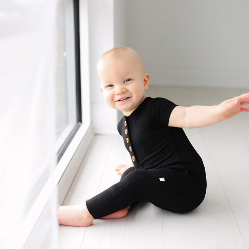Posh Peanut Short Sleeve Henley Romper - Black, 3-6 Months