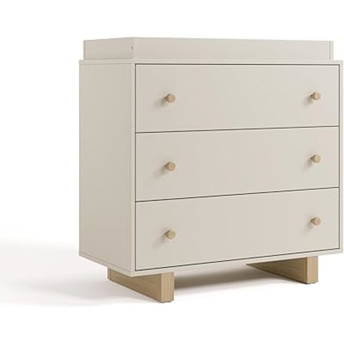 Storkcraft Texas 3 Drawer Chest with Removable Changing Table Topper (Frosted Oat/Driftwood) – GREENGUARD Gold Certified Baby Dresser, Interlocking Drawer System for Nursery & Kids’ Bedroom Dresser