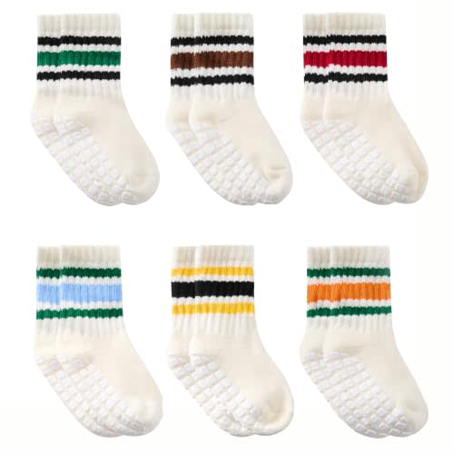 VWU Baby Toddler Infant Cotton Ankle Stripe Socks with Grips 6 Pack | Ages 0-3T, Non-Slip Grips, Ankle Length, Striped Design, 6 Pairs