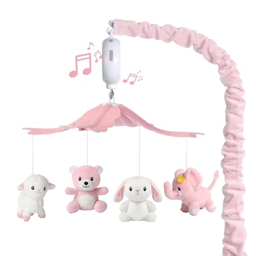Baby Crib Mobile for Girls, Soft Plush Woodland Characters Rabbit Elephant Bear Sheep, Pink and White Nursery Decor, Calming Soother with 12 Lullabies Essential and for Girls
