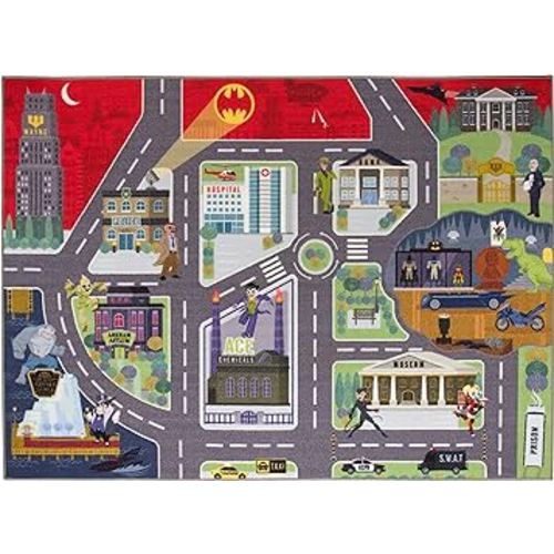 DC Comics Batman's Gotham City Adventure Road Play Rug 3x5 | Kids Interactive Toy Car Play Mat Carpet for Toddler Classroom, Playroom & Baby Nursery