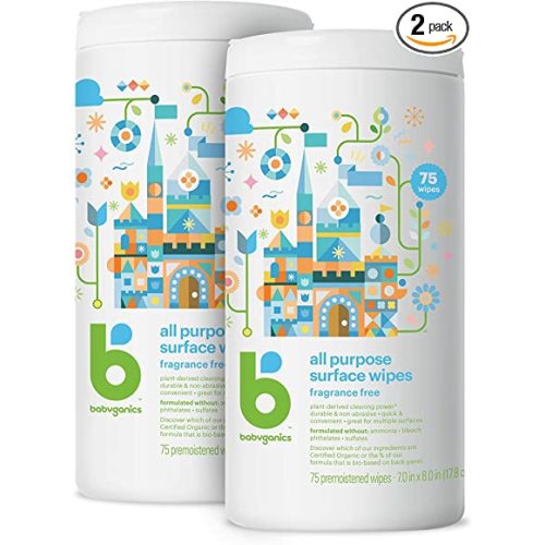 Babyganics All Purpose Surface Wipes, Fragrance Free, 75 Count (Pack of 2), Plant Based and Non-Abrasive, No Ammonia, No Bleach