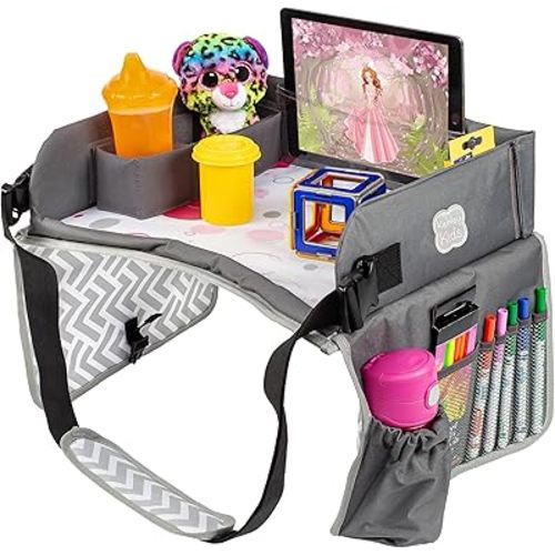 Kenley Kids Travel Tray, Toddler Car Seat Lap Tray, Road Trip Essentials Activity Table (Pink/Gray)
