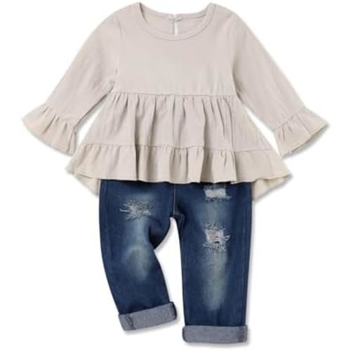 Toddler Girl Clothes Long Sleeve Ruffle Dress Top and Jeans Pants Toddler Girl Fall Outfits
