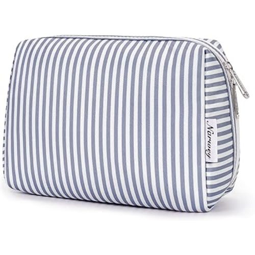 Narwey Striped Makeup Bag Travel Cosmetic Bag Organizer Toiletry Bag Make Up Bags with Compartments for Women Girls (Large, Greyish Blue Stripe)