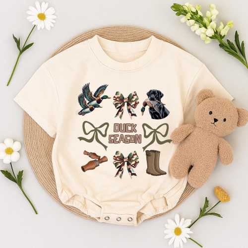 Duck Season Romper Sweatshirt, Camo Bow Baby Bodysuit, Duck Hunting Newborn Outfit, Outdoor Fall Baby Outfit, Kids Camouflage Gift