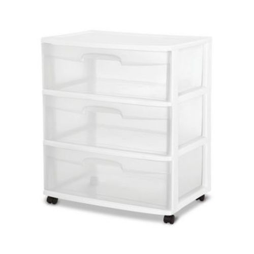 Sterilite Wide 3 Drawer Storage with Wheels, Plastic Rolling Organization Cart for Bedroom, Closet, White with Clear Drawers