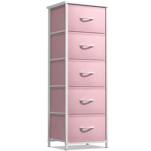 Sorbus Dresser for Kids Bedroom, Fabric Drawers (5 Drawer, Pink) | Carry handles support a tall clothing organizer with steel frame and bins for closets, playrooms and nurseries.