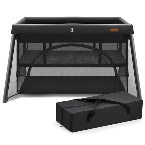 HARPPA Travel Crib with Comfy Mattress, Lightweight Portable Crib Requires No Assembly, Foldable Pack and Play for Baby and Toddlers, Compact Play Yard with Bed,Black