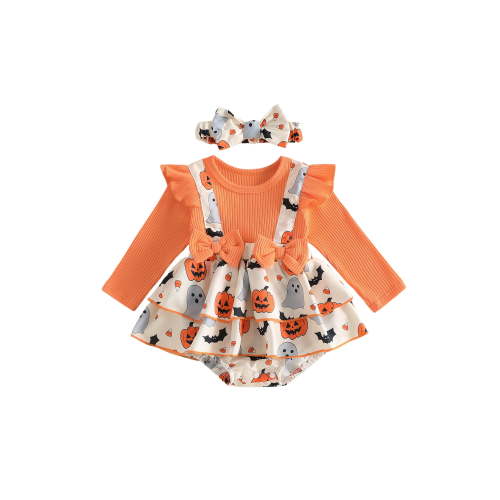 Loicainy Infant Baby Girl Halloween Bodysuit Outfits 3 6 12 18 Months Long Sleeve Bow Front Pumpkin Ghost Print Romper with Headband Set Newborn Clothes