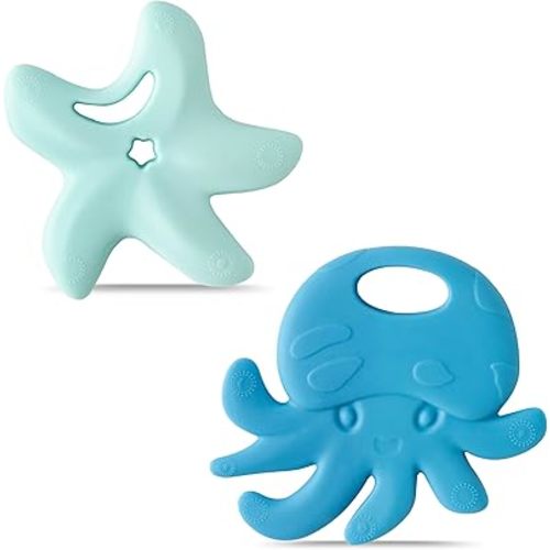 Silicone Teether Toys for Babies - 2ooya 2Pcs Summer Ocean Beach Themed Teething Ring Infant Soft Teethers, Toddler Teething Chew Toys for Newborn Boy and Girl Baby Shower Birthday Gifts