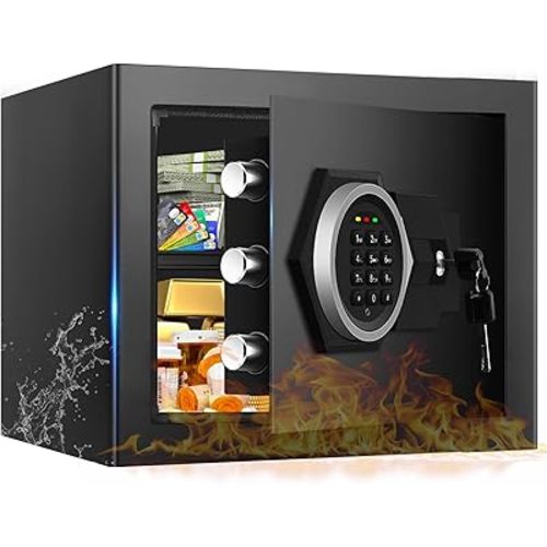 1.3 Cub Small Safes for Home Use Fire and Water Proof, Anti-Theft Digital Security Safe Box With Combination Lock, Smart Alarm System & Removable Shelf, Anti-Theft Fireproof Safe for Documents Money