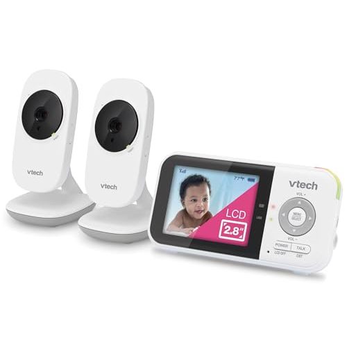 VTech VM819-2 Baby Monitor, 2.8” Screen, 2 Cameras, 1000ft Range, Night Vision, 2-Way Audio, Temperature Sensor, Lullabies, Secured Transmission No WiFi