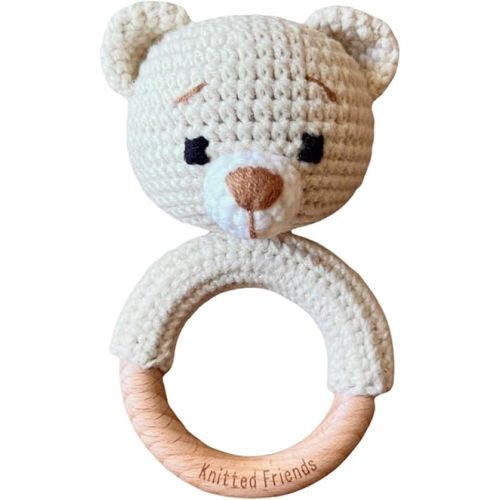 Handmade Bear Rattle Toy for Tiny Hands- Organic Cotton Teething Toy with Beechwood Ring for Toddlers- Baby Toys Make a Memorable Gift, Encouraging Grasping, Shaking & Joyful Play for Your Little One