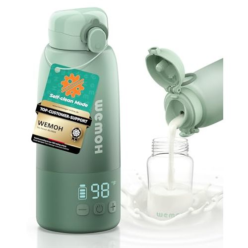 Upgraded Portable Milk Warmer with Self-Clean Function, 110W Fast Heating for Breast Milk & Formula, 16oz Large Capacity Travel Bottle Warmer, USB-C Fast Charge, Ideal for Hiking, Flights & Car Use