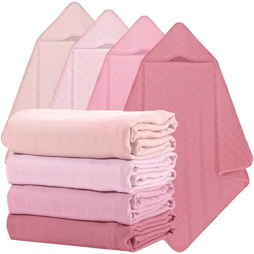 Preboun 4 Pcs Muslin Hooded Baby Towels,32"x 32" Cotton Newborn Bath Towel Muslin Infant Baby Blankets Absorbent Unisex Newborn Registry Gift for Girls Boys(Brown Series)