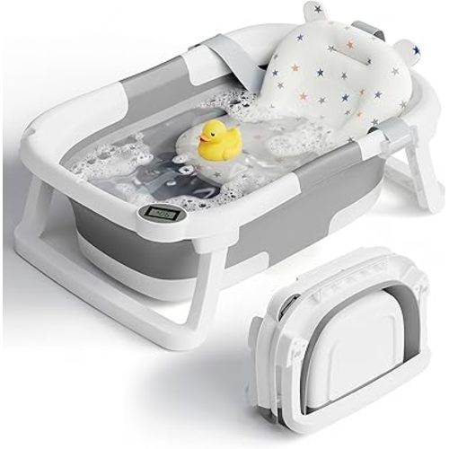 Collapsible Baby Bathtub for Newborn to Toddler, Baby Bath Tub with Real-Time Thermometer & Removable Soft Cushion, Portable Infant Tub for Travel & Easy Storage, Grey, 0–36 Months