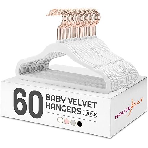 HOUSE DAY Velvet Baby Hangers for Closet, Kids Hangers Velvet 60 Pack, Non Slip Toddler Hanger 11.8 Inch, Durable Childrens Hanger for Newborn Baby Clothes- White