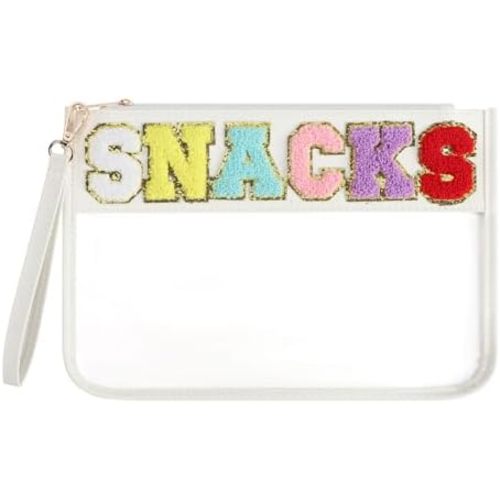 Clear Snack Bag for Travel, Chenille Letter Clear Zipper Snacks Pouch Nylon Cosmetic Bag Makeup Travel Bag for Women