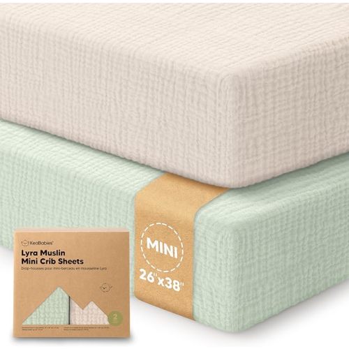 2-Pack Muslin Mini Crib Sheets for Boys, Girls - 38x26 Pack and Play Sheets Fitted, Organic Cotton, Compatible with Graco Pack N Play Mattress, Neutral Toddler Playard Bedding, Soft Breathable (Sage)