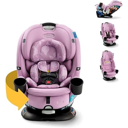 Graco Turn2Me 3-in-1 Rotating Convertible Car Seat, Lilac Mod, Rear-Facing Rotation, Forward-Facing Mode, Highback Booster Up to 100 lbs, Adjustable Headrest & Harness, Steel Reinforced Frame
