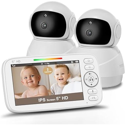Kidsneed 5" Split Screen Baby Monitor with 2 HD 720P Cameras and Audio - No WiFi,48 Hours Battery Life, Night Vision, Remote Pan& Tilt& Zoom，Two-Way Talk, Lullabies, Thermal Monitor, 1000ft Range