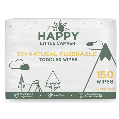 Happy Little Camper Natural Flushable Wipes - Hypoallergenic Wet Wipes with Aloe Vera, Chamomile and Pomegranate Extract - Unscented Baby Wipes Safe for Sensitive Skin - 150 Count