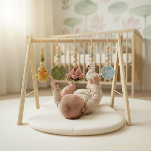 Montessori Baby Gym Duck Pond Theme, Wooden Baby Play Gym with Crochet Duck Frog Lotus Swan Lily Pad, Nature Nursery Decor Baby Gift