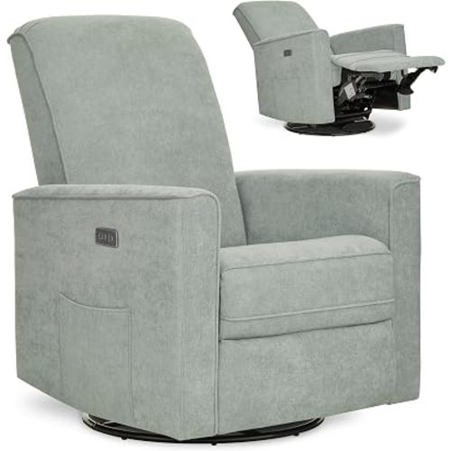 Evolur Harlow Upholstered Power Glider Recliner with USB Charging – Rocking & 275° Swivel with Smooth Glide – Greenguard Gold & FSC Certified – Modern Nursery and Living Room Chair in Sage