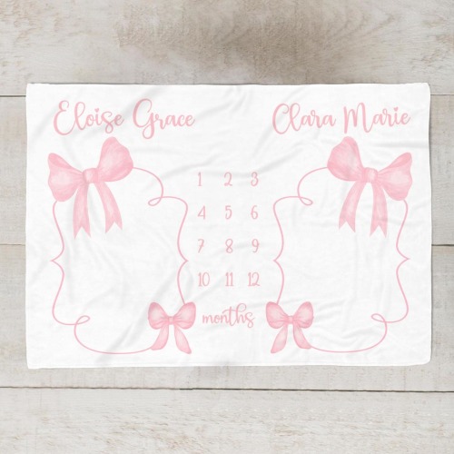 Pink Bow Twin Girls Milestone Blanket, Baby Month Blanket for Twins, Personalized Baby Shower Gift for Twin Girls, Coquette Aesthetic Tw587