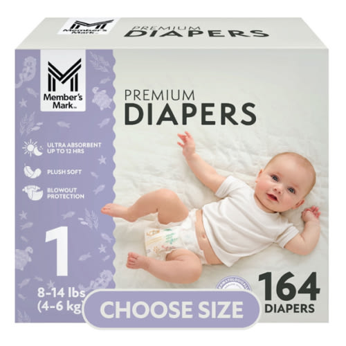 Member's Mark Premium Baby Diapers, Size 1 - 164 count