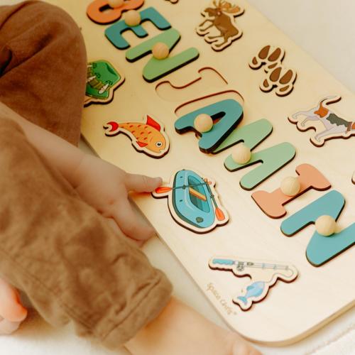 Name Puzzle With Nature Activities 2nd Birthday Gift Wooden Toys For Boys Fishing and Hunting Puzzles First Christmas Gift For Grandson