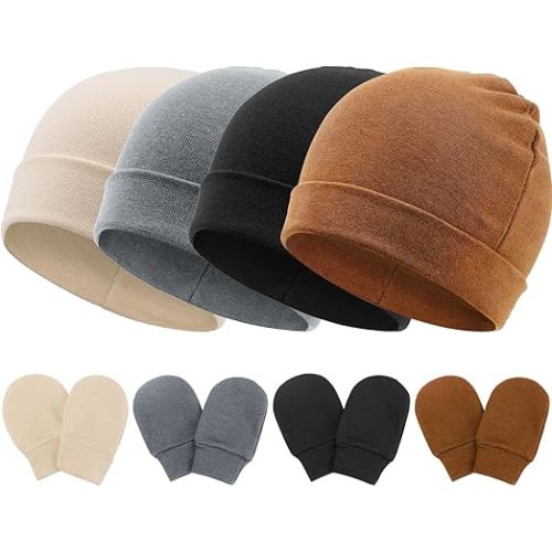 DRESHOW BQUBO Bonnets et moufles pour bébé en coton, ensemble de bonnet et gants sans griffures pour nouveau-né, bonnet d’hôpital pour garçons et filles
