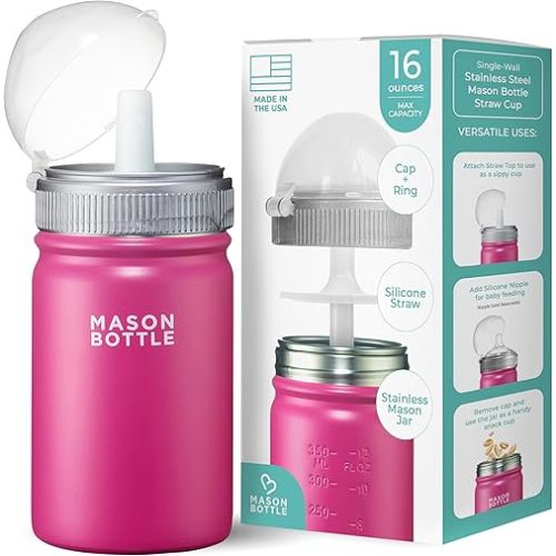 Mason Bottle Kids Mason Jar Cup with Lid and Straw - 16oz Stainless Steel Sippy Cup - BPA-Free, Spill Proof Toddler Tumbler - Regular-Mouth, Single-Wall Snack Cup, Smoothie Cup for Kids (Pink)