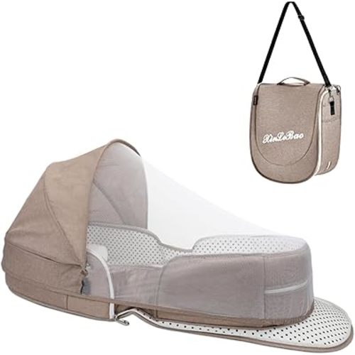 Portable Bassinet for Baby Travel Lounger Foldable Baby Co-Sleeping Bed with Mosquito net + Cool mat Carry Bag & Storage Pocket (Khaki)